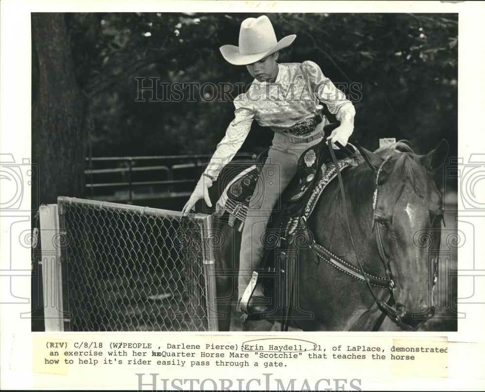 1988 Press Photo Erin Haydell on her Quarter Horse Mare "Scotchie" - nob28129 - Historic Images