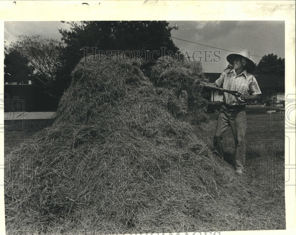 1982 Press Photo Fred Knaus stacks &quot;hay&quot; on Fleur de Lis Avenue - nob28134 - Historic Images