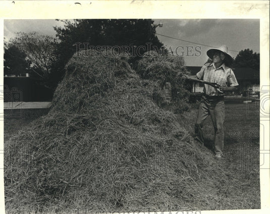 1982 Press Photo Fred Knaus stacks "hay" on Fleur de Lis Avenue - nob28134 - Historic Images