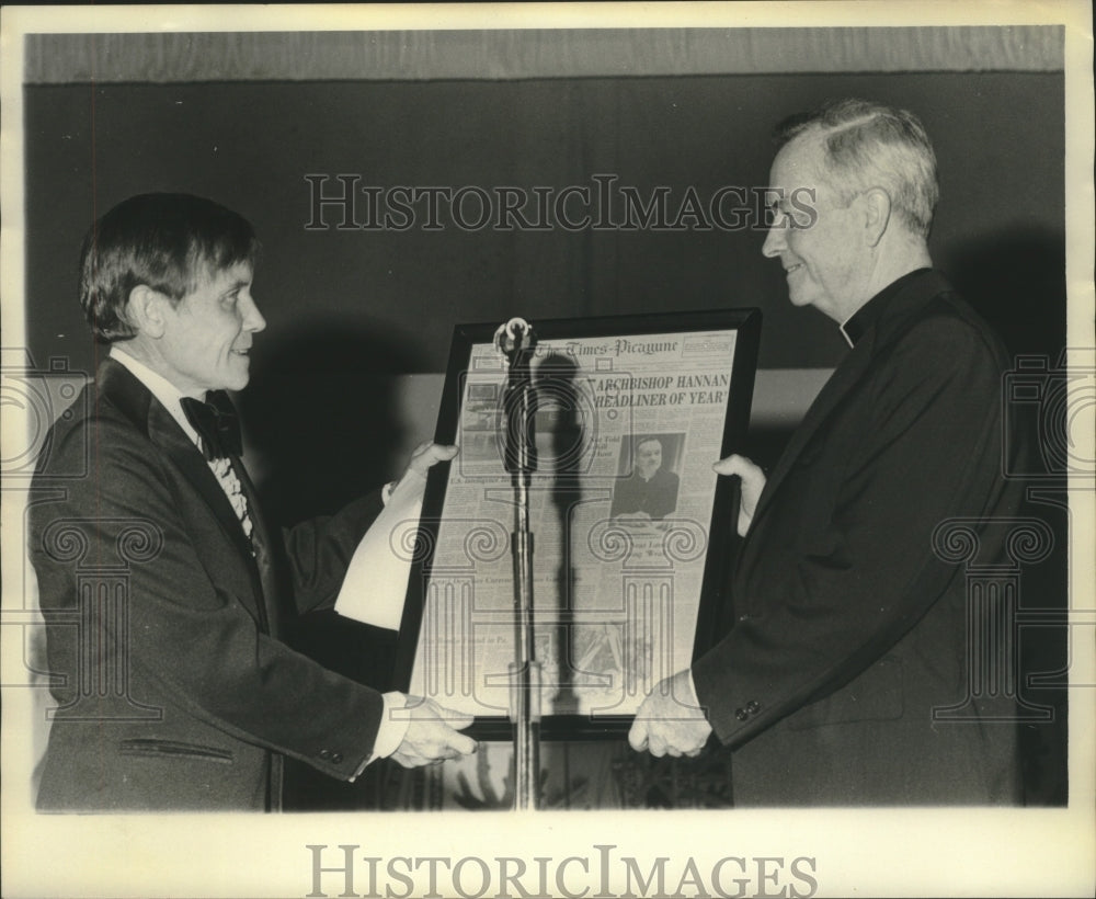 1975 Fritz Harsdorff presenting framed award to Archbishop Hannan. - Historic Images