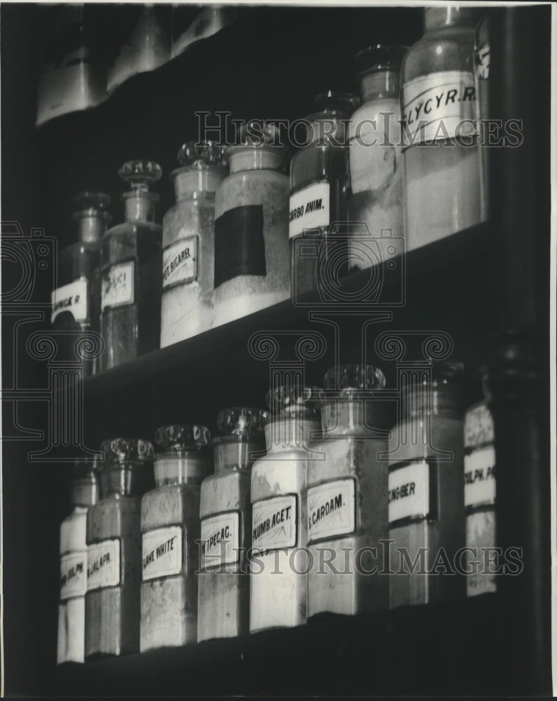 1978 Various chemicals in bottles at Ben Bavly&#39;s Pharmacy Museum - Historic Images