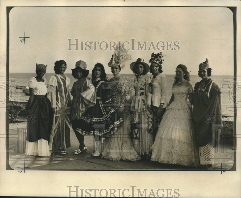 1975 Press Photo &quot;Miss Caribe&quot; contestants in their respective native costumes - Historic Images