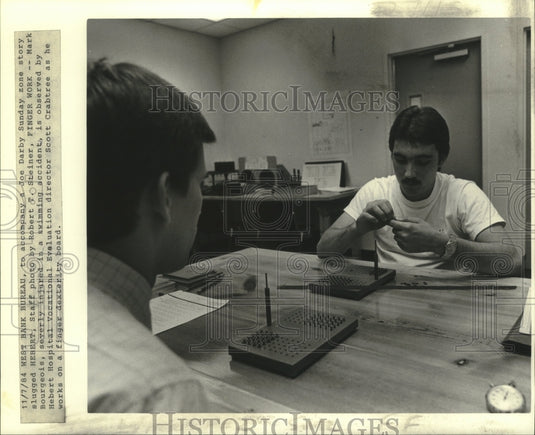 1984 Press Photo Mark Bourgeois in rehab with Scott Crabtree-F. E. Hebert Hosp. - Historic Images