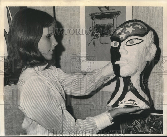1966 Jeanine Heishman with her papier-mache art titled "Candidate"-Historic Images