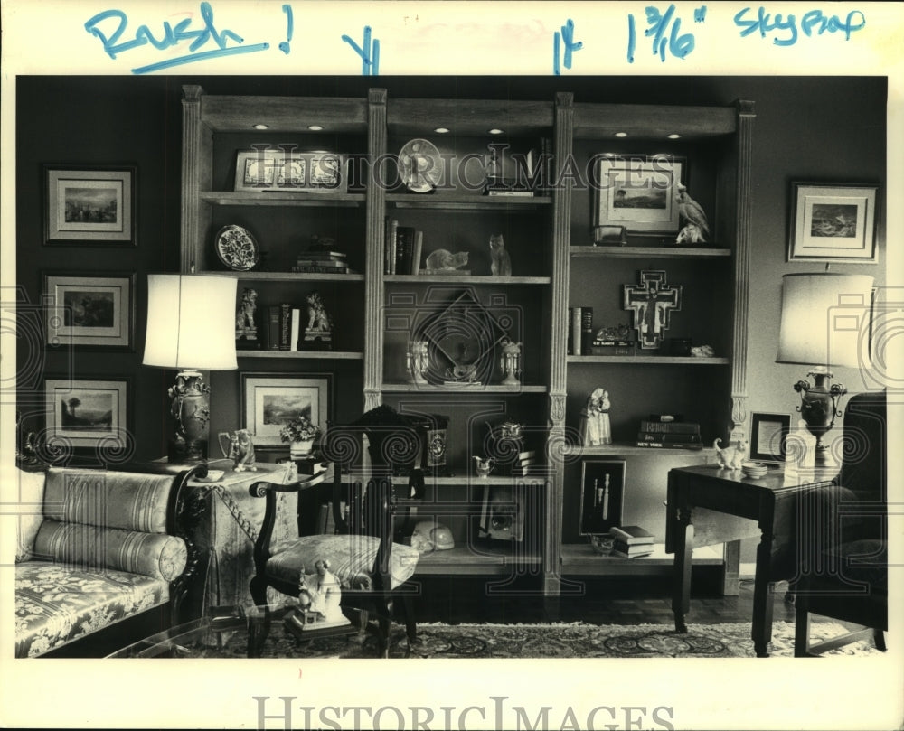 1987 Press Photo Home Focus, shelving unit and antique accessories - nob35918 - Historic Images