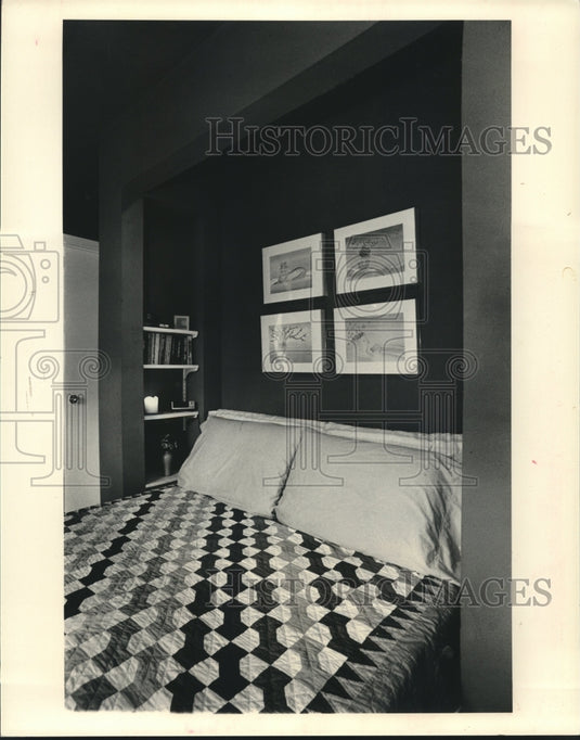 1986 Press Photo Dark color & adjustable shelving help tiny room spacious - Historic Images