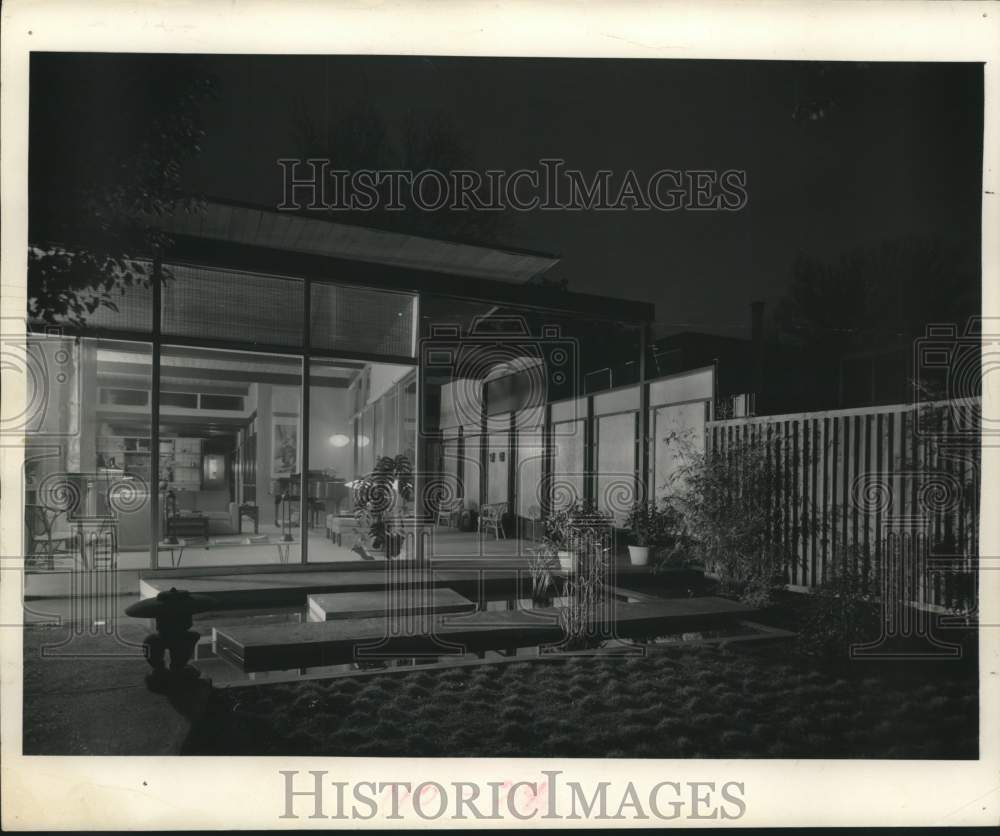 1959 Glass Wall Showcases Open Living and Pond in Backyard - Historic Images