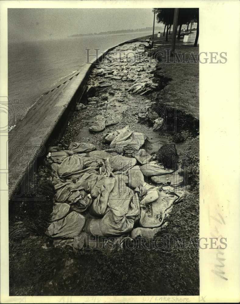 1980 Press Photo Sandbags to stop erosion along Lakeshore Drive&#39;s seawall - Historic Images