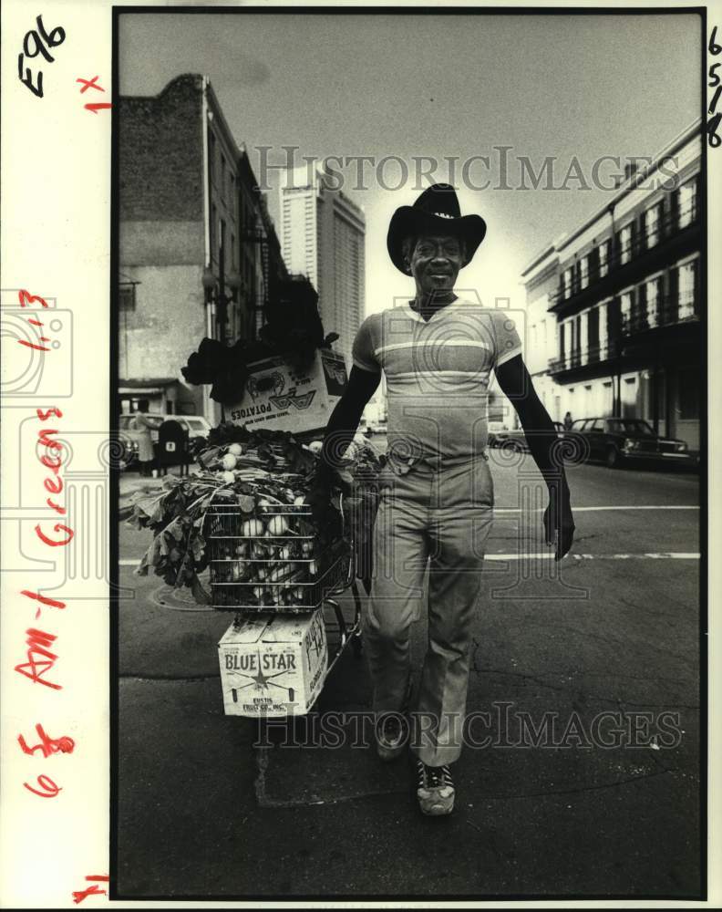 1982 Larry Hill pulls his produce for business at Magazine Street - Historic Images