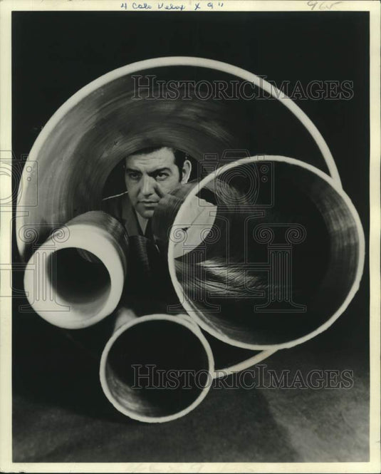 1975 Press Photo Fiber glass reinforced plastic pipes from PPG Industries - Historic Images