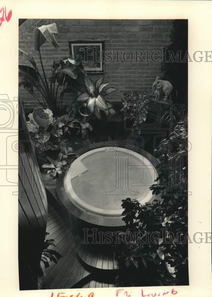 1987 Press Photo Hot tub surrounded with tropical plants in a residential home - Historic Images