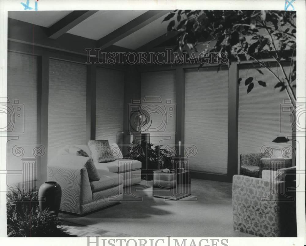 1986 Press Photo Simple shades make a sparsely furnished room look sleek. - Historic Images