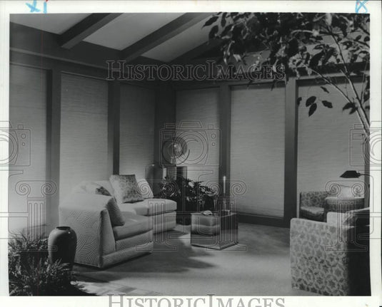 1986 Press Photo Simple shades make a sparsely furnished room look sleek. - Historic Images