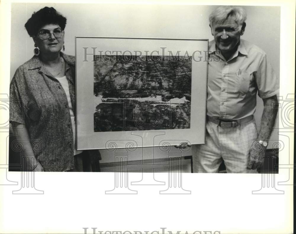 1991 Press Photo Artists Louise Janin and William Schael With Schael&#39;s Artwork - Historic Images