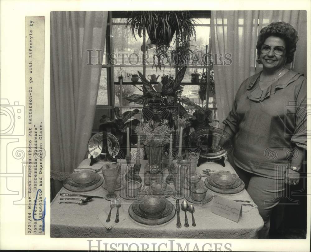 1984 Press Photo Lee Inguagiato with Depression Glass Dinnerware - nob41423 - Historic Images