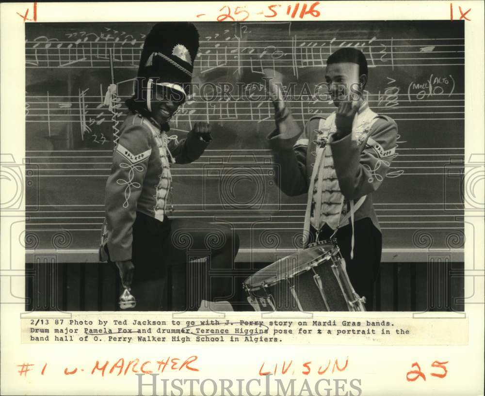 1987 Press Photo Pamela Fox &amp; Terence Higgins in band hall- O Perry Walker High - Historic Images