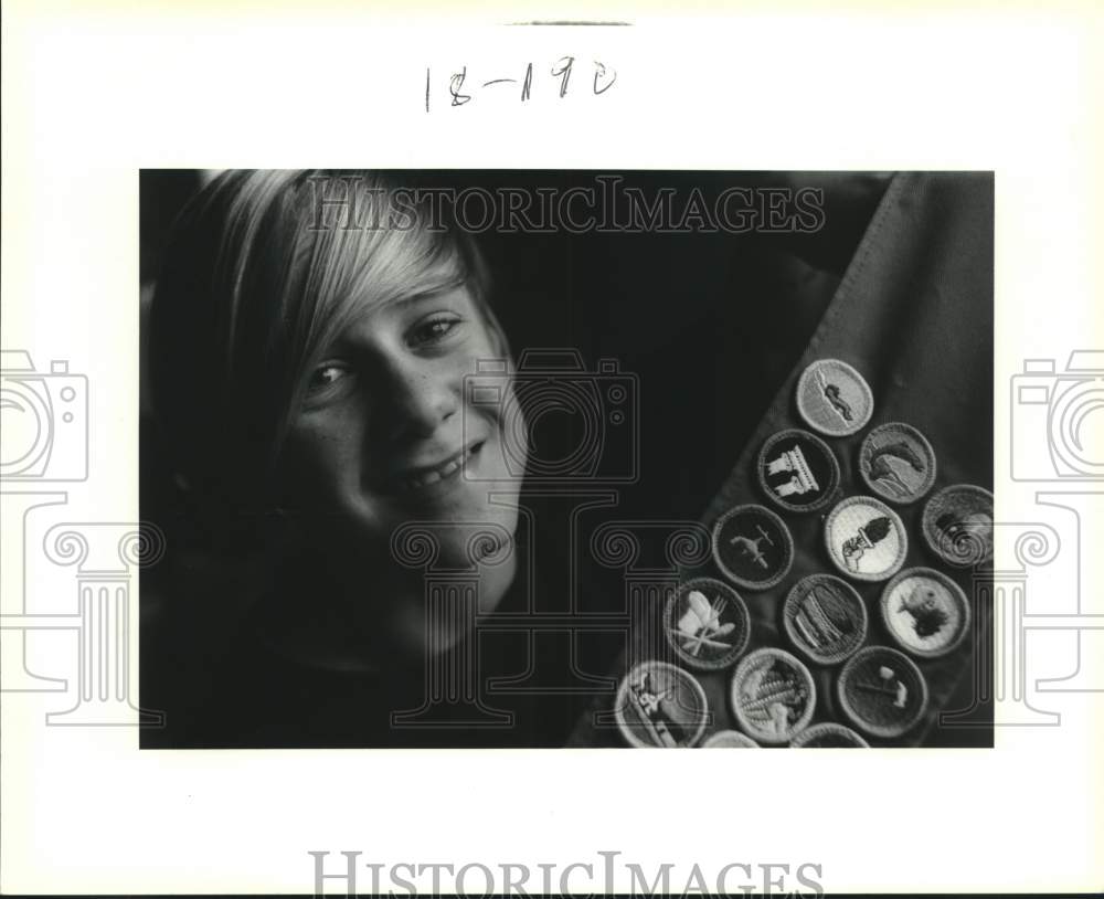 1993 Press Photo Frank Jones holds sash with twenty four Boy Scout badges - Historic Images