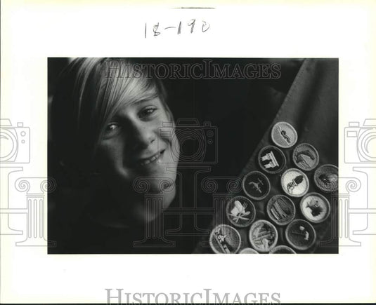 1993 Press Photo Frank Jones holds sash with twenty four Boy Scout badges - Historic Images