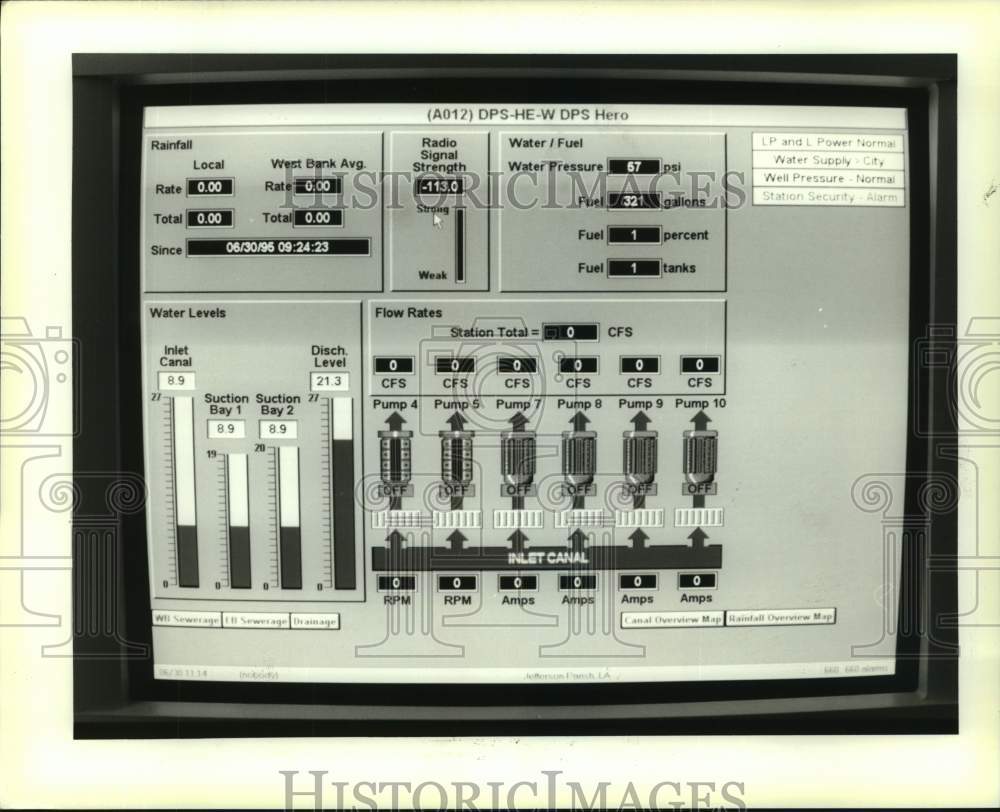 1995 Press Photo Systems Control and Data Acquisition computer monitors rain. - Historic Images