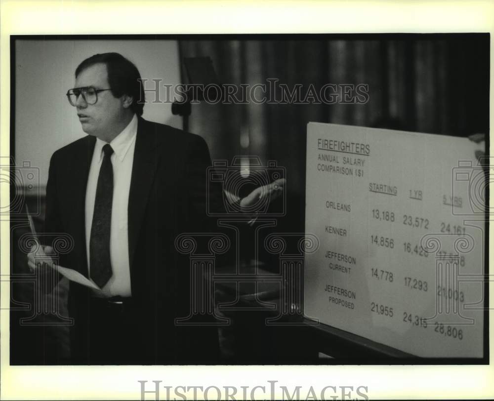 1989 Press Photo Labor Lawyer Steve Ridley Presents Pay Issue to Firef ...