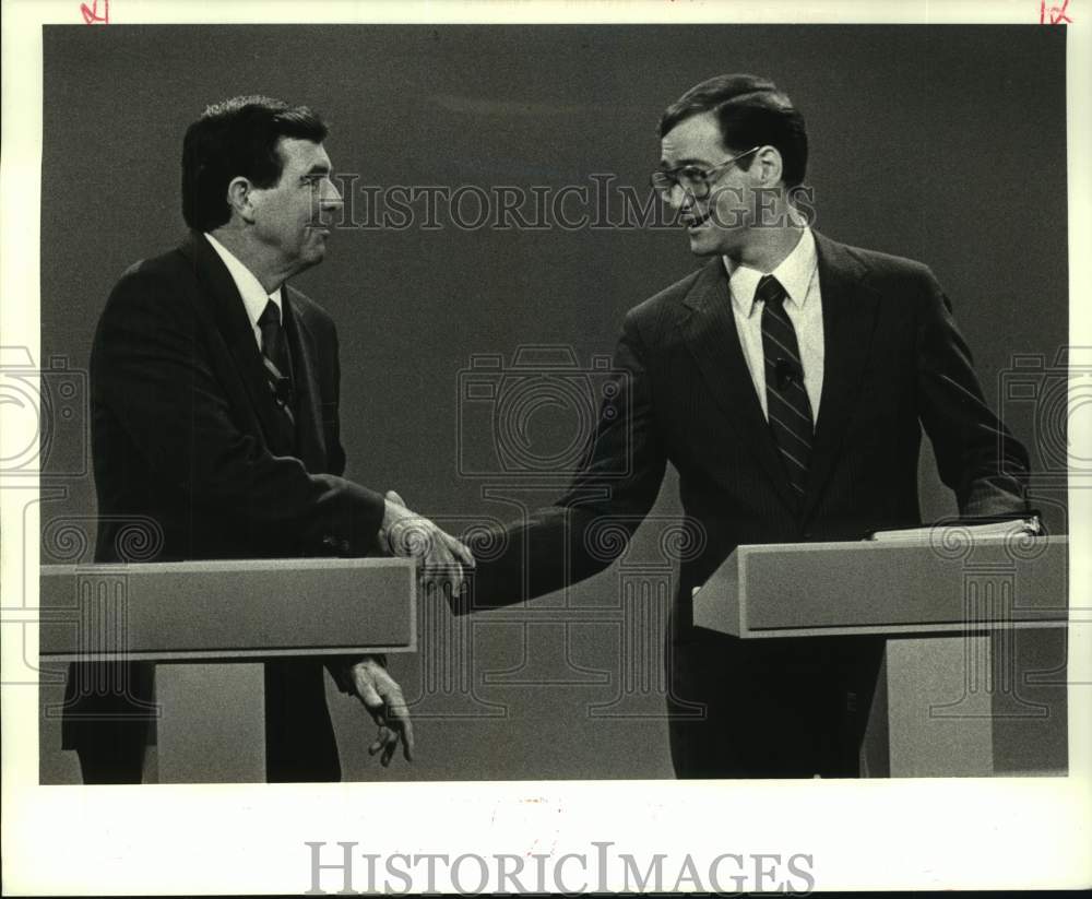 1987 Press Photo Willie Hoff and Mike Yenni after televised debate at WYES-TV - Historic Images