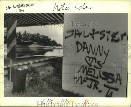 1988 Press Photo Vandals defaced railroad bridge crossing on Interstate-10 - Historic Images