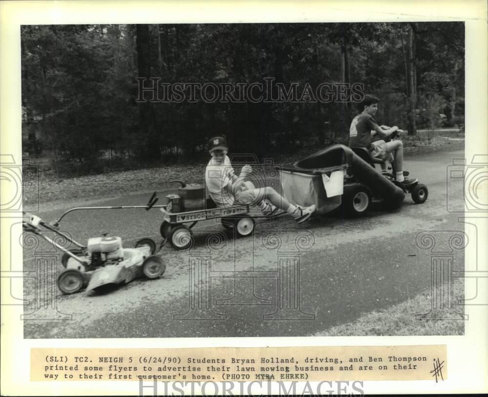 1990 Press Photo Bryan Holland &amp; Ben Thompson ride mowers to first customers. - Historic Images