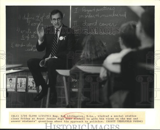 1991 Press Photo Rep. Bob Livingston visited Boyet Junior High near Slidell - Historic Images