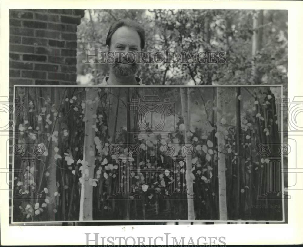 1991 Press Photo Bill Lindgren with his painting Quaking Aspens - Historic Images