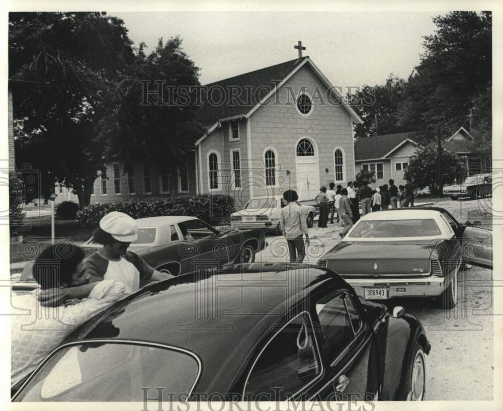 1975 Parishioners gather before Our Lady of Grace Church in Reserve - Historic Images