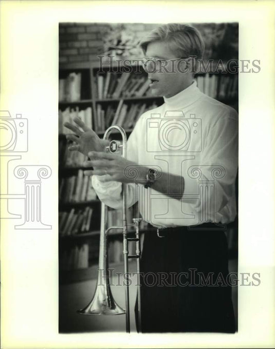 1990 Press Photo Craig Klein performs his trombone at N.P. Trist Middle School - Historic Images