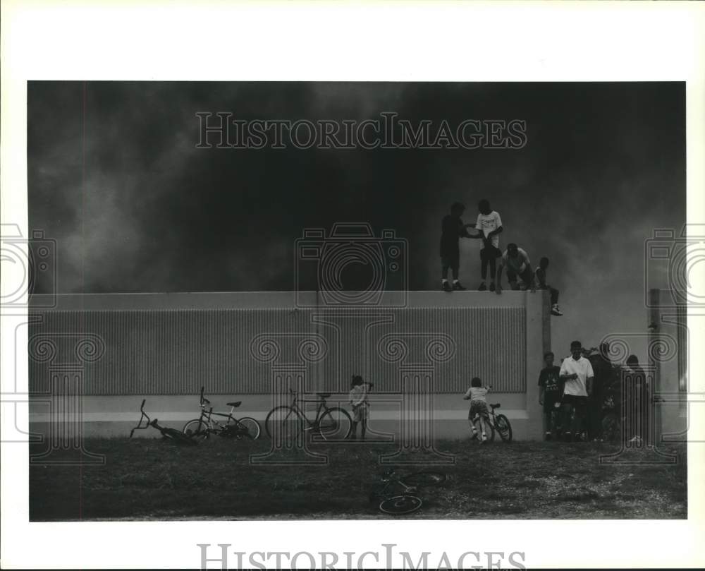 1994 Press Photo People line Kenner floodwall to view LaBranche Wetlands fire - Historic Images