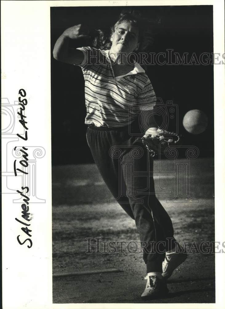 1985 Press Photo Baseball - Salmen&#39;s Toni Latuso, team leader pitching &amp; batting - Historic Images