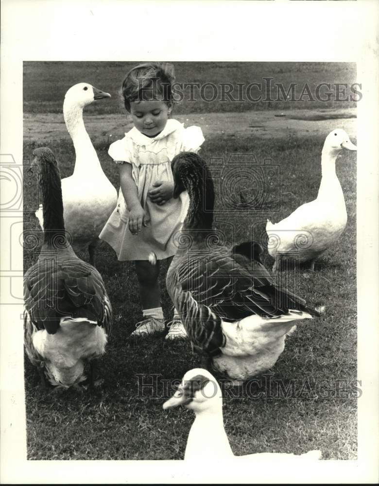 1986 Press Photo Victoria McRoberts feeds the duck and geese at Lafreniere Park - Historic Images