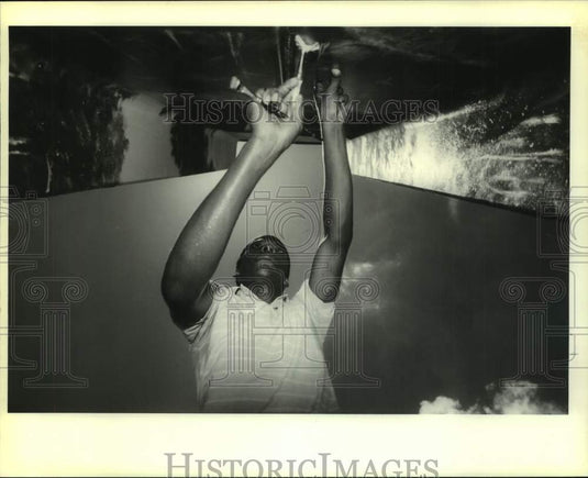 1990 Press Photo Charles Johnson, paintsa mural for students at Destrehan. - Historic Images