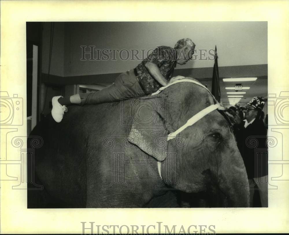 1994 Press Photo Claud Addison rides an elephant- Jerusalem Temple Shrine Circus - Historic Images