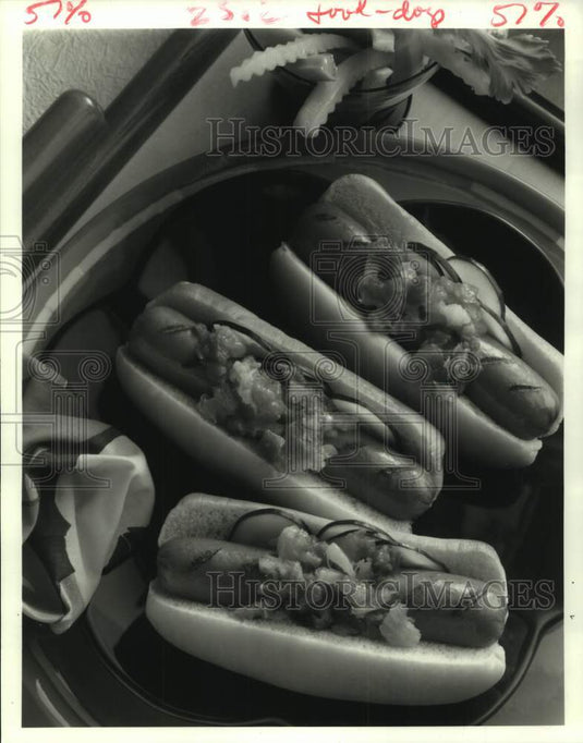 Press Photo Grilled Frankfurters with Pineapple-Salsa Topping - Historic Images