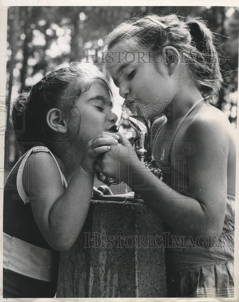 1963 Press Photo Two youngster cooling off near the Mardi Gras Fountain-Historic Images