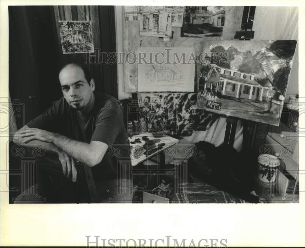 1994 Press Photo Jeff Marshall in his home/studio with a work in progress - Historic Images