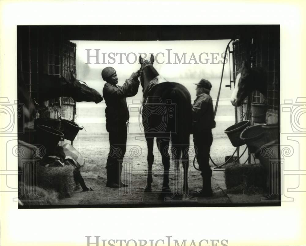 1995 Press Photo Exercise rider Paul Johnson &amp; Trainer, Gilliam Dronet - Historic Images