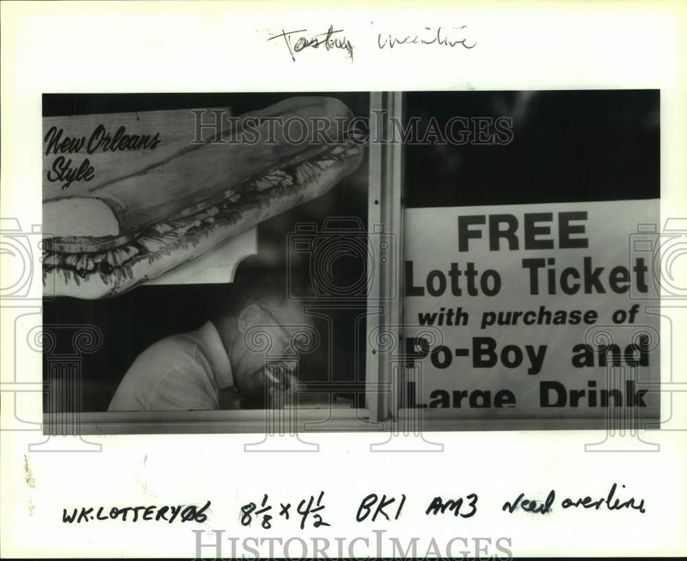 1991 Press Photo Haydel&#39;s Bakery Offers Free Lotto Ticket With Meal, Metairie - Historic Images