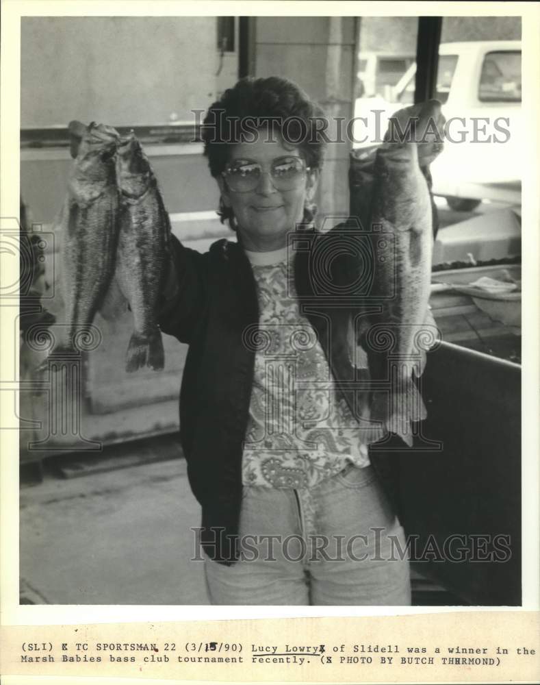 1990 Press Photo Lucy Lowry, winner in the Marsh Babies bass club tournament - Historic Images