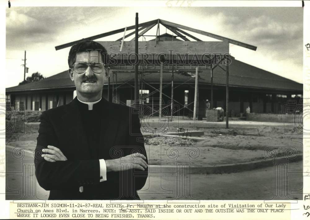 1987 Press Photo Rev. Richard Maughan at construction site of Our Lady Church - Historic Images