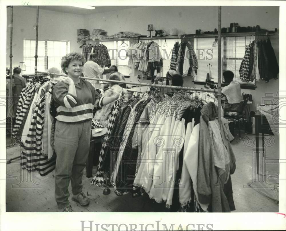 1988 Press Photo Karen Massett checks costumes in Hayne Boulevard design shop - Historic Images