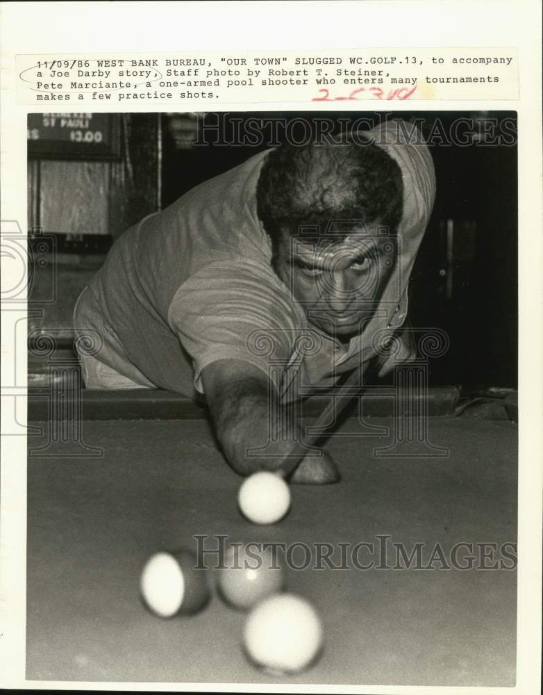 1986 Press Photo Billiards - Pete Marciante makes a few practice shots - Historic Images