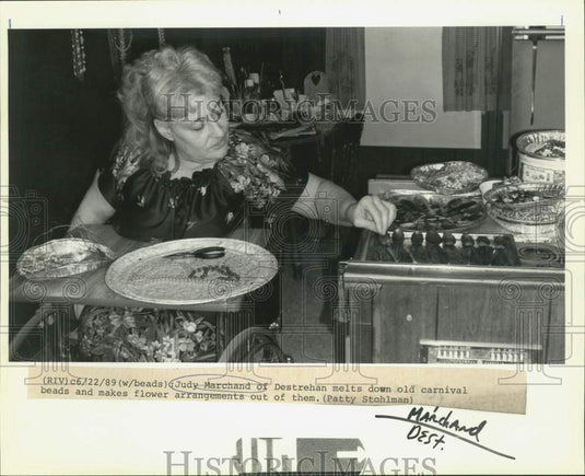 1989 Judy Marchand melts beads to make flower arrangement, Destrehan - Historic Images