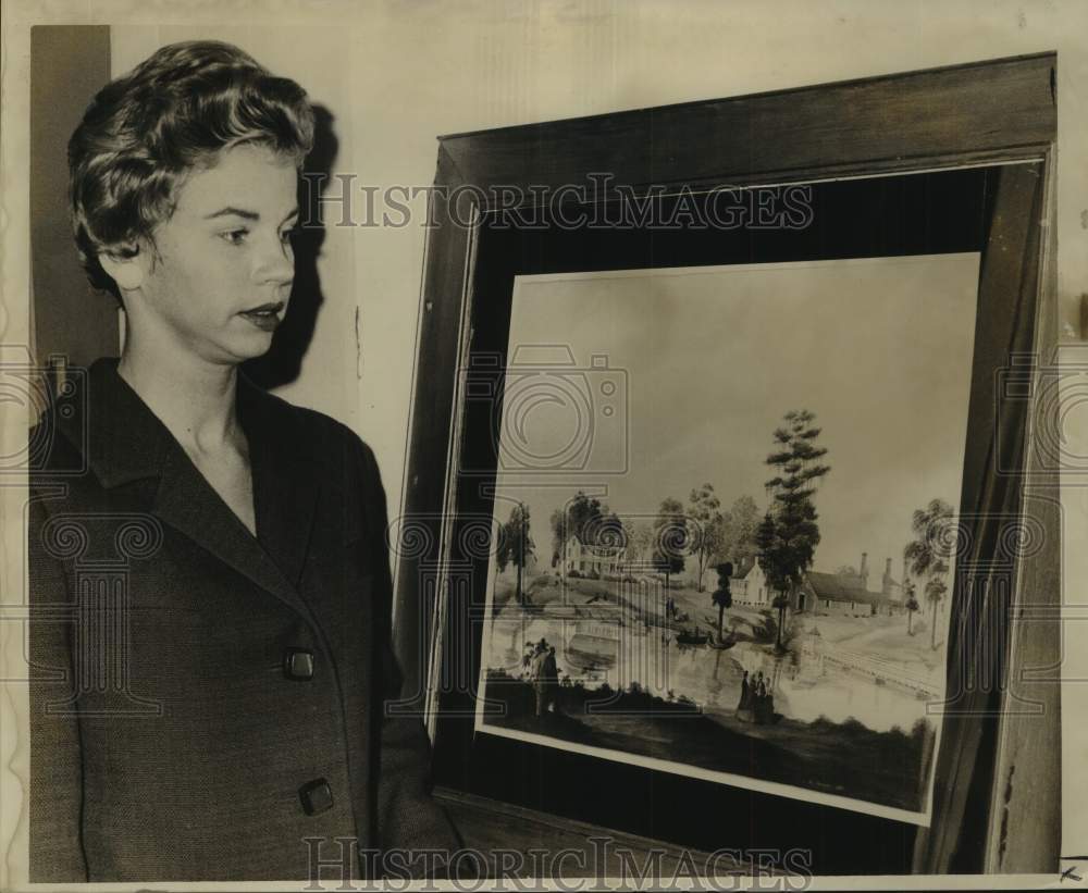 1963 Press Photo Mrs. M.W. Riess looks at painting Olivier Plantation by Parsac - Historic Images