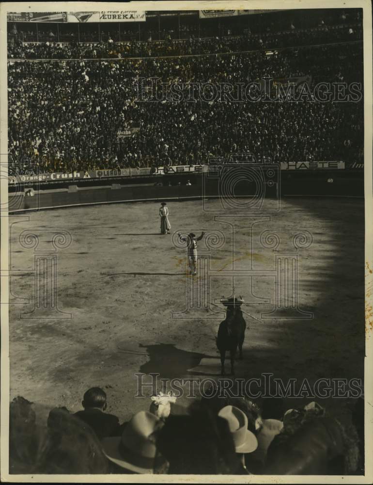 1955 Press Photo Two Men and Bull in Stadium in Mexico - nob86484 - Historic Images