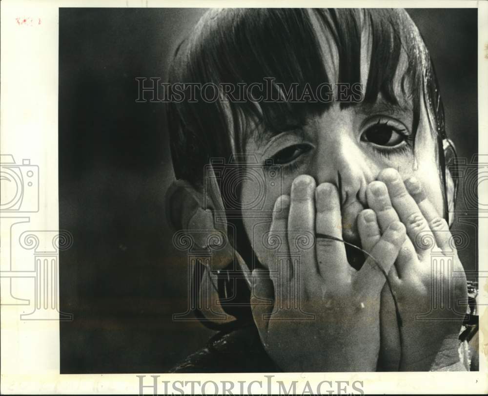 1987 Press Photo Carly Rando wipes her eyes after diving in her swimming pool- Historic Images