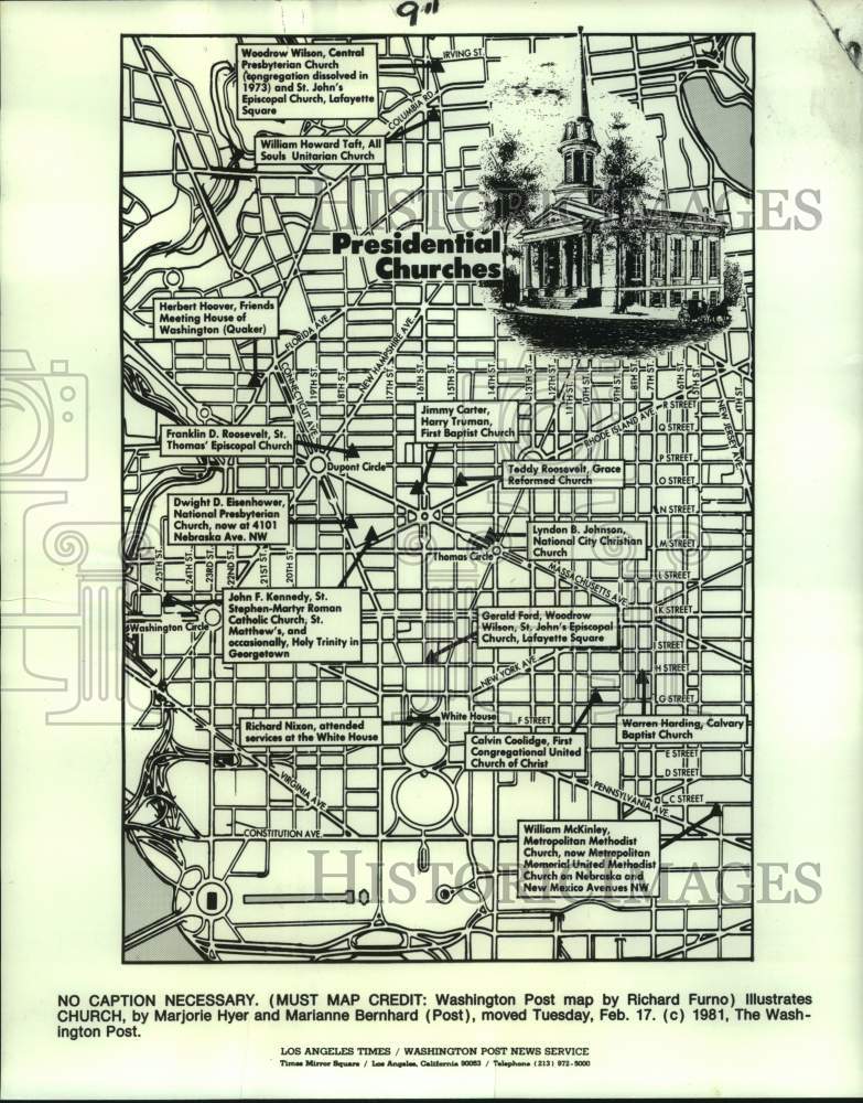 1981 Map of Washington, D.C. Showing Churches Attended by Presidents - Historic Images